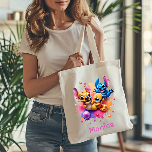 Colorful Stitch, Splash Art Colorful Splash Watercolor Tote Bag, Casual Everyday Tote Bag, Canvas Polyester Tote Bag 14x16 Inch, Custom Name
